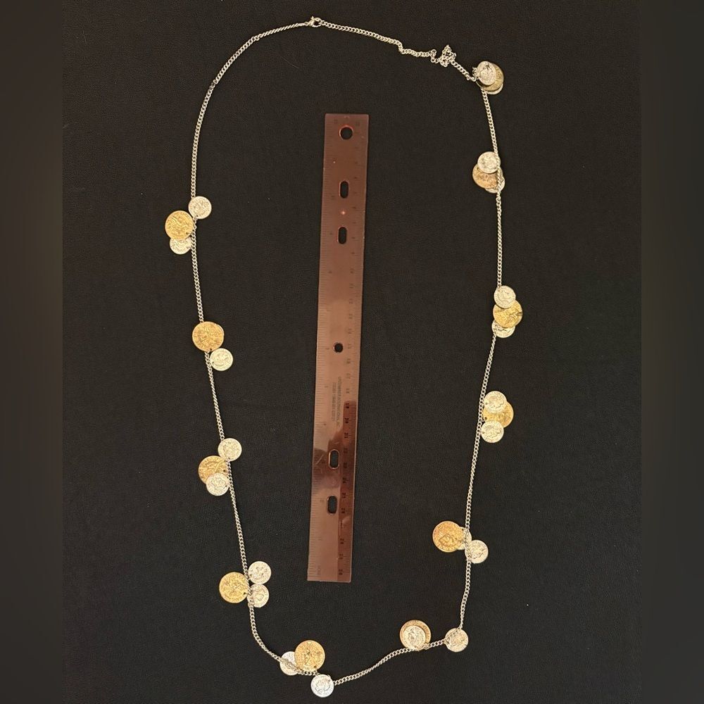 Long Gold and Silver Tone Coin Charm Necklace with Mixed Metal - Boho Statement - Picture 4 of 4